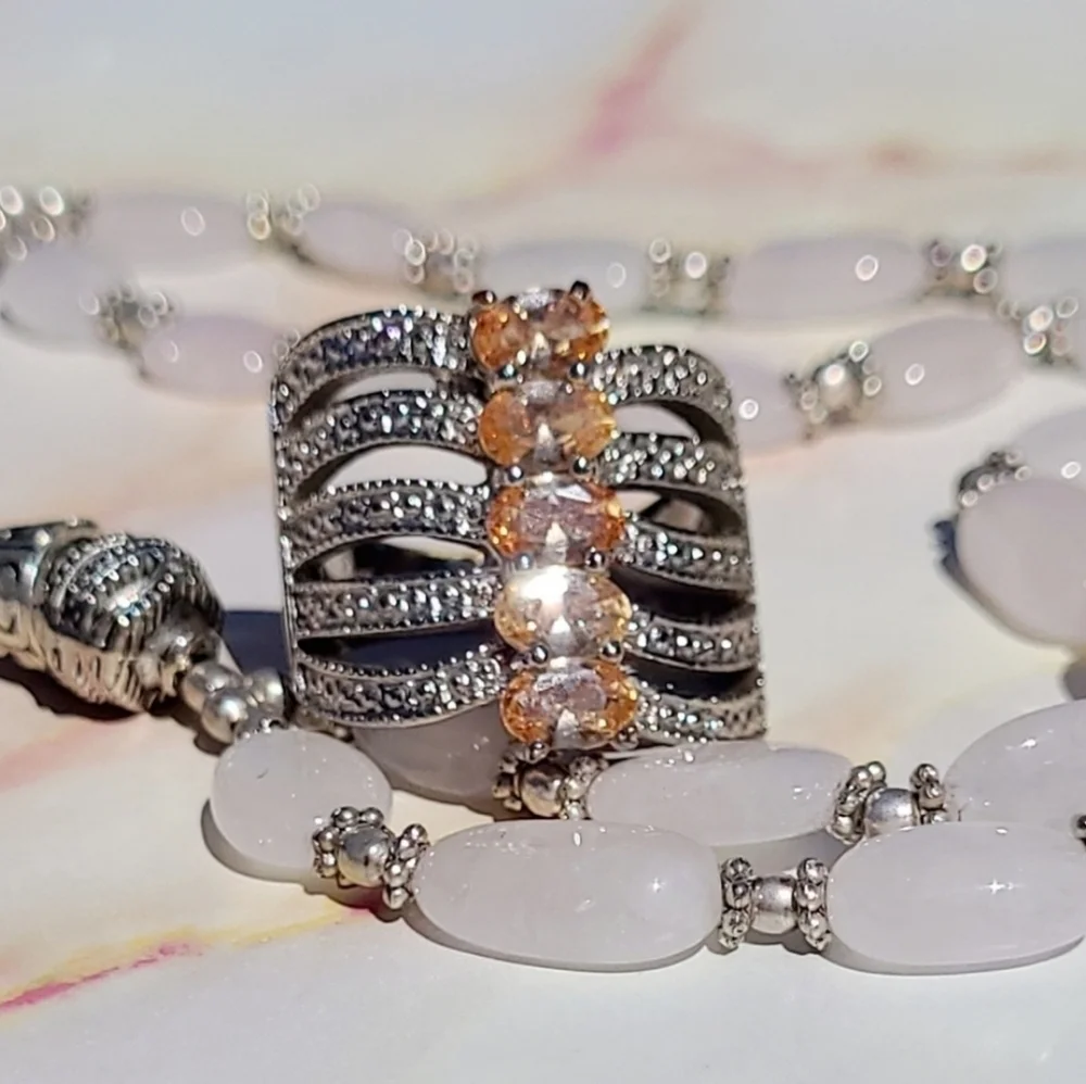 Vintage Oval Morganite Sterling Silver Stacked Ring SZ 8